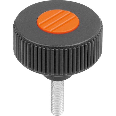 Knurled Knob Size:1, D1=40 D=M08X30 , Form:L, Plastic Black Ral7021, Comp:Steel, Cap:Orange Ral 2004